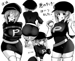 Rule 34 | 1girl, absurdres, ass, belt, blush, boots, bound, breasts, breat, cabbie hat, clenched hand, commentary, cosplay, dress, flying sweatdrops, from behind, girls und panzer, gloves, greyscale, half-closed eyes, hand in own hair, hand on own hip, hat, highres, holding, holding poke ball, leaning forward, long sleeves, looking at viewer, looking back, medium breasts, microdress, monochrome, multiple views, nishizumi miho, one eye closed, open mouth, pencil dress, poke ball, poke ball (basic), short hair, smile, standing, sweatdrop, team rocket, team rocket grunt, team rocket grunt (cosplay), team rocket uniform, tearing up, thigh boots, thighhighs, translated, yogurt bakudan