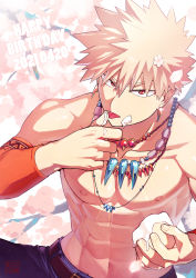 Rule 34 | 1boy, abs, absurdres, artist name, bakugou katsuki, bead necklace, beads, belt, birthday, blonde hair, blue pants, boku no hero academia, brown belt, cake, caustics, cherry blossoms, collarbone, dated, ear piercing, english text, falling petals, finger to mouth, flower, food, food on face, hair flower, hair ornament, happy birthday, highres, holding, holding food, icing, in tree, jewelry, licking, licking finger, looking at viewer, male focus, multiple necklaces, muscular, muscular male, navel, necklace, nipples, pants, pectorals, petals, piercing, red eyes, short hair, signature, single sleeve, sitting, sitting in tree, solo, sparkle, spiked hair, text focus, tongue, tongue out, topless male, tree, tribal, v-shaped eyebrows, yazaki (yazakc)