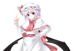 Rule 34 | 1girl, bat wings, blue hair, female focus, hand on own hip, hat, highres, hip focus, index finger raised, light purple hair, looking at viewer, low wings, non-web source, pointing, pointing up, red eyes, remilia scarlet, short hair, simple background, slit pupils, solo, tateha, tateha (marvelous grace), touhou, white background, white hat, wings