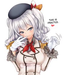 Rule 34 | 10s, 1girl, beret, biting, blush, bow, bowtie, buttons, epaulettes, frilled sleeves, frills, glove biting, gloves, grey eyes, handjob gesture, hard-translated, hat, hat bow, head tilt, heart, kantai collection, kashima (kancolle), looking at viewer, mouth hold, nikke (cherish), red ribbon, ribbon, short hair, shoulder pads, simple background, solo, third-party edit, translated, two side up, undressing, uniform, upper body, white background, white gloves, white hair