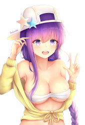 Rule 34 | 1girl, :d, arm up, bare shoulders, baseball cap, bb (fate), bb (fate) (all), bb (swimsuit mooncancer) (fate), bb (swimsuit mooncancer) (first ascension) (fate), bikini, blush, braid, breasts, cleavage, collarbone, commentary request, endsmall min, fate/grand order, fate (series), front-tie top, hair between eyes, hat, hat ornament, highres, jacket, long hair, long sleeves, medium breasts, navel, open mouth, purple eyes, purple hair, revision, round teeth, sideways hat, signature, simple background, single braid, smile, solo, star (symbol), swimsuit, teeth, upper body, upper teeth only, v-shaped eyebrows, very long hair, white background, white bikini, white hair, yellow jacket