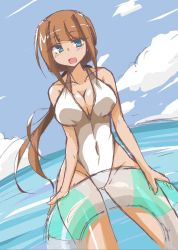 Rule 34 | 1girl, blue eyes, blue sky, breasts, brown hair, casual one-piece swimsuit, cleavage, cloud, cloudy sky, collarbone, commentary, covered navel, day, eyebrows hidden by hair, floating hair, highleg, highleg swimsuit, highres, holding, holding swim ring, horizon, innertube, long hair, looking at viewer, low ponytail, ocean, one-piece swimsuit, open mouth, original, outdoors, r2ndmix, shiny skin, skin tight, sky, summer, swim ring, swimsuit, white one-piece swimsuit