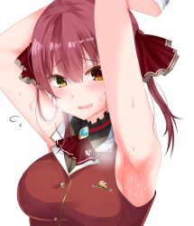 Rule 34 | 1girl, 3193, armpit focus, armpits, arms up, black choker, blush, breasts, brooch, buttons, choker, cleavage, collared shirt, emblem, flying sweatdrops, hair between eyes, hair ribbon, highres, hololive, hot, houshou marine, houshou marine (1st costume), jewelry, long hair, looking at viewer, open mouth, red hair, red neckwear, red ribbon, red vest, ribbon, see-through, see-through cleavage, shirt, simple background, sleeveless, solo, sweat, twintails, uniform, vest, virtual youtuber, white background, worried, yellow eyes