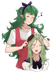 Rule 34 | 2girls, aged down, aged up, alternate costume, blouse, brushing another&#039;s hair, brushing hair, closed eyes, contemporary, dress, fire emblem, fire emblem: three houses, green hair, hand on another&#039;s head, highres, long hair, mother and daughter, multiple girls, nintendo, open mouth, pointy ears, red dress, rhea (fire emblem), sailor collar, sakuremi, scarf, school uniform, serafuku, shirt, simple background, smile, sothis (fire emblem), spoilers, uniform, white background, white shirt