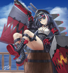 Rule 34 | 1girl, ark john up, armband, azur lane, barrel, black hair, black skirt, blue sky, boots, cloud, collar, commentary, cross, cross-laced footwear, dated, deutschland (azur lane), english commentary, goggles, goggles on headwear, gun, hat, high heel boots, high heels, holding, holding gun, holding weapon, iron cross, knee boots, lace-up boots, long hair, long sleeves, looking at viewer, mechanical hands, military hat, multicolored hair, ocean, platform boots, platform footwear, railing, rigging, sharp teeth, signature, sitting, sitting on object, skirt, sky, smile, solo, streaked hair, teeth, thigh strap, very long hair, weapon