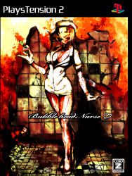 Rule 34 | 1girl, blood, brand name imitation, breasts, bubble head nurse, cleavage, commentary request, cover, faceless, fake cover, game console, video game cover, gloves, hat, high heels, monster, nurse, nurse cap, pinky out, playstation 2, silent hill, silent hill (series), solo, syringe, uma no shiri, white gloves