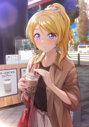 Rule 34 | 1girl, ayase eli, bag, black shirt, blonde hair, blue eyes, blush, brown jacket, bubble tea, closed mouth, collared shirt, cup, disposable cup, drinking straw, food stand, handbag, high ponytail, highres, jacket, love live!, love live! school idol project, motor vehicle, open clothes, open jacket, outdoors, scrunchie, shamakho, shirt, sidelocks, sleeves rolled up, solo, standing, tree, van, white scrunchie