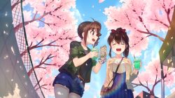 Rule 34 | 2girls, ^ ^, belt, blush, bow, breasts, brown hair, cherry blossoms, closed eyes, collarbone, day, denim, denim shorts, drill hair, closed eyes, facing another, hair bow, handband, highres, idolmaster, idolmaster million live!, kamille (vcx68), large breasts, looking at another, multiple girls, open mouth, outdoors, puffy short sleeves, puffy sleeves, red bow, satake minako, short hair, short ponytail, short sleeves, shorts, side drill, smile, yokoyama nao