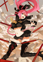 Rule 34 | 1girl, armband, boots, breasts, caee penguin, chain, choker, clothes lift, high heels, highres, impossible clothes, impossible shirt, long hair, midriff, navel, open mouth, original, panties, pantyshot, pink hair, pleated skirt, ponytail, purple eyes, school uniform, serafuku, shirt, shirt lift, shoes, skirt, skirt lift, solo, striped clothes, striped panties, thigh boots, thighhighs, underwear, very long hair, weapon, wind, wind lift