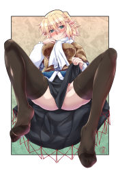 Rule 34 | 1girl, 3:, 3:&lt;, arm warmers, ass, bad id, bad pixiv id, blonde hair, blush, breasts, brown thighhighs, clothes lift, feet, green eyes, half updo, highres, large breasts, mizuhashi parsee, no panties, no shoes, ootsuki wataru, pointy ears, sash, scarf, shirt, sitting, skirt, skirt lift, solo, spread legs, thighhighs, toes, touhou, upskirt, v-shaped eyebrows, wavy mouth