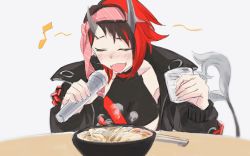 Rule 34 | 1girl, black hair, black jacket, black sports bra, blush, bowl, breasts, chain, closed eyes, commentary request, cup, demon girl, demon horns, demon tail, drunk, ear chain, ear piercing, food, gin (tttetu123), highres, holding, holding cup, holding microphone, horns, jacket, large breasts, microphone, multicolored hair, music, musical note, nanashi inc., necktie, necktie on head, noodles, open clothes, open jacket, open mouth, piercing, pink necktie, pointy ears, ramen, red hair, red sports bra, ryugasaki rene, ryugasaki rene (1st costume), short hair, singing, solo, sports bra, sugar lyric, tail, two-tone hair, underboob, upper body, virtual youtuber, white background