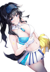 Rule 34 | 1921494015, 1girl, absurdres, bare arms, bare shoulders, black hair, blue archive, blue eyes, blush, breasts, cheerleader, cleavage, gloves, hibiki (blue archive), hibiki (cheer squad) (blue archive), highres, holding, holding pom poms, large breasts, looking at viewer, medium hair, millennium cheerleader outfit (blue archive), navel, pleated skirt, pom pom (cheerleading), pom poms, simple background, skirt, solo, thighs, two-tone skirt, white background, white gloves