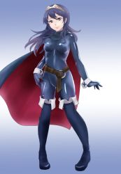 Rule 34 | 1girl, bad id, bad pixiv id, belt, blue eyes, blue footwear, blue hair, blue thighhighs, bodysuit, boots, cape, covered navel, fire emblem, fire emblem awakening, full body, highres, himaneko, latex, latex suit, long hair, looking at viewer, lucina (fire emblem), matching hair/eyes, nintendo, shiny clothes, skin tight, smile, solo, thigh boots, thighhighs, tiara
