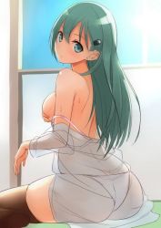 Rule 34 | 10s, 1girl, agarwood, aqua eyes, aqua hair, ass, bare shoulders, blush, breasts, brown thighhighs, butt crack, covering privates, covering breasts, from side, hair ornament, hairclip, kantai collection, long hair, looking at viewer, looking to the side, medium breasts, off shoulder, panties, see-through, shirt, sitting, solo, strap slip, suzuya (kancolle), thighhighs, underwear, white panties, white shirt
