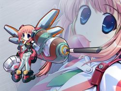 Rule 34 | 1girl, armor, bare shoulders, belt, blue eyes, bodysuit, blowing bubbles, chewing gum, child, ein (long cake), flat chest, foreshortening, gadget trial, gun, halterneck, holding, huge weapon, izen, long hair, looking at viewer, mecha musume, medic, necktie, non-web source, pink hair, red hair, smile, solo, standing, very long hair, weapon, wings