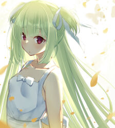 Rule 34 | 1girl, blunt bangs, blunt ends, blurry, blush, breasts, cariboy, collarbone, commentary request, depth of field, dress, expressionless, eyelashes, falling petals, green hair, hair ribbon, hime cut, long hair, looking at viewer, murasame (senren), parted lips, petals, red eyes, ribbon, senren banka, sidelighting, sidelocks, simple background, sleeveless, sleeveless dress, small breasts, solo, straight hair, two side up, upper body, very long hair, white background, white dress, white ribbon