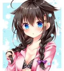 Rule 34 | 10s, 1girl, ahoge, alternate costume, alternate hairstyle, black hair, blue eyes, blush, braid, breasts, cleavage, collarbone, commentary request, cowboy shot, hair between eyes, hair flaps, hair ornament, hair over shoulder, hairclip, kantai collection, long hair, nogi takayoshi, shigure (kancolle), shigure kai ni (kancolle), small breasts, solo, upper body