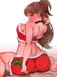 Rule 34 | 1girl, ass, back, barefoot, bell, black choker, blush, bow, breasts, brown hair, choker, closed mouth, embarrassed, from behind, fur-trimmed shorts, fur-trimmed tube top, fur trim, green bow, green eyes, hand up, heavy breathing, highres, idolmaster, idolmaster cinderella girls, idolmaster cinderella girls starlight stage, jingle bell, karan, large breasts, long hair, looking at viewer, looking back, makihara shiho, ponytail, red shorts, red tube top, shorts, simple background, sitting, smile, soles, solo, strapless, sweat, tube top, wariza, white background