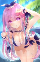 Rule 34 | 1girl, arm up, bikini, blue bikini, blue hair, blue ribbon, blue sky, blurry, blurry background, breasts, chestnut mouth, cleavage, cloud, collarbone, commentary request, day, depth of field, gluteal fold, hair between eyes, hair ribbon, hand up, highres, hololive, horizon, kabocha usagi, leaning forward, long hair, looking at viewer, medium breasts, minato aqua, multicolored hair, ocean, outdoors, palm tree, parted lips, pink hair, purple eyes, ribbon, sailor bikini, sailor collar, sky, solo, swimsuit, thigh gap, tree, two-tone hair, very long hair, virtual youtuber, water, white sailor collar, wrist cuffs