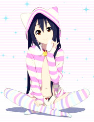 Rule 34 | 1girl, animal ears, bell, black hair, fur, fur collar, highres, hood, hoodie, indian style, k-on!, light smile, nakano azusa, nasu (pixiv518549), navel, no bra, shorts, sitting, solo, striped background, striped clothes, striped thighhighs, thighhighs