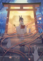 Rule 34 | 1girl, animal, animal ears, architecture, backlighting, bell, bow, brown eyes, clothing cutout, earmuffs, east asian architecture, falling petals, from behind, full body, full moon, grey hair, highres, holding, japanese clothes, jingle bell, kagura suzu, kimono, long sleeves, looking back, moon, obi, original, outdoors, petals, rabbit, rabbit ears, rabbit girl, rabbit tail, ribbon, sash, short hair, solo, stairs, stone stairs, tail, tail through clothes, torii, tree, ushijiya, wide sleeves
