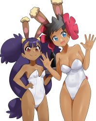 Rule 34 | 2girls, absurdres, alternate costume, blue eyes, blush, breasts, buneary, cleavage, closed mouth, collarbone, commentary, covered navel, creatures (company), dark-skinned female, dark skin, english commentary, eyelashes, flower, game freak, gen 4 pokemon, hair between eyes, hair flower, hair ornament, hair tie, hand on own hip, hands up, height difference, highres, iris (pokemon), leaning to the side, leotard, long hair, looking at viewer, monkey jon, multiple girls, nintendo, open mouth, phoebe (pokemon), playboy bunny, pokemon, pokemon (creature), pokemon bw, pokemon ears, pokemon oras, purple hair, red eyes, short hair, smile, spiked hair, white leotard