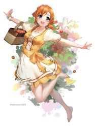Rule 34 | 1girl, artist name, bare legs, barefoot, basket, blue eyes, braid, breasts, bug, butterfly, dress, food, fruit, full body, hair ornament, hairclip, highres, insect, kosaka honoka, love live!, medium breasts, nakano maru, open mouth, orange hair, outstretched arms, puffy short sleeves, puffy sleeves, short hair, short sleeves, simple background, single wrist cuff, smile, solo, spread arms, strawberry, teeth, twin braids, upper teeth only, white background, white dress, wrist cuffs