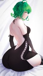 Rule 34 | 1girl, absurdres, artist name, ass, back, backless outfit, bed, black dress, breasts, curly hair, dress, elbow gloves, from behind, gloves, green eyes, green hair, highres, huge ass, looking at viewer, looking back, one-punch man, rezeharu, short hair, sitting, small breasts, solo, tatsumaki, thick thighs, thighhighs, thighs