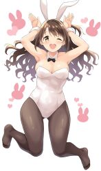 Rule 34 | 1girl, ;d, animal ears, armpits, arms up, black bow, black bowtie, black pantyhose, blush, bow, bowtie, breasts, brown hair, cleavage, decosukedon0, detached collar, full body, heart, highres, idolmaster, idolmaster cinderella girls, leotard, looking at viewer, medium breasts, no shoes, one eye closed, one side up, open mouth, pantyhose, rabbit ears, rabbit pose, round teeth, shimamura uzuki, simple background, smile, solo, teeth, white background, white leotard, wrist cuffs