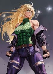 Rule 34 | 1girl, abs, alternate costume, antenna hair, belt, blonde hair, blue eyes, chain, clenched hands, crop top, fingerless gloves, gloves, halterneck, highres, jacket, jewelry, lights, long hair, muscular, muscular female, necklace, open clothes, open jacket, original, pants, robusta mania, signature, solo, sweat, torn clothes, torn pants, veins, veiny arms