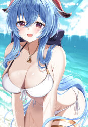 Rule 34 | 1girl, ahoge, beach, bell, bikini, blue hair, blush, bow, breasts, cleavage, commission, ganyu (genshin impact), genshin impact, highres, horns, large breasts, leaning forward, long hair, looking at viewer, mint mia, neck bell, ocean, open mouth, purple eyes, side-tie bikini bottom, sidelocks, skeb commission, smile, solo, swimsuit, thigh gap, thighlet, wet, white bikini