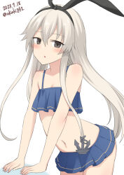 Rule 34 | 1girl, akahi242, bare arms, bare legs, bare shoulders, bikini, blonde hair, blue bikini, blush, cowboy shot, dated, grey eyes, hair between eyes, highres, kantai collection, long hair, navel, one-hour drawing challenge, open mouth, shimakaze (kancolle), simple background, solo, swimsuit, twitter username, white background