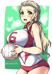Rule 34 | 10s, 1girl, :d, ball, bare shoulders, blonde hair, blush, body blush, breast rest, breasts, buruma, carried breast rest, carrying, collared shirt, cowboy shot, forehead, girls und panzer, green background, green eyes, hairband, heavy breathing, holding, holding ball, large breasts, long hair, looking at viewer, open mouth, playing sports, ponytail, sasaki akebi, shinshin, shirt, sleeveless, sleeveless shirt, smile, solo, sportswear, sweat, teeth, tight clothes, twitter username, uniform, volleyball, volleyball (object), volleyball uniform