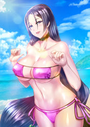 Rule 34 | 1girl, bikini, blue sky, blush, breasts, choker, cleavage, collarbone, commentary request, day, dtcy, eyepatch bikini, fate/grand order, fate (series), hair between eyes, hip focus, large breasts, long hair, looking at viewer, minamoto no raikou (fate), minamoto no raikou (fate/grand order), minamoto no raikou (swimsuit lancer) (fate), navel, ocean, open mouth, parted bangs, purple bikini, purple eyes, purple hair, side-tie bikini bottom, sky, smile, solo, sunlight, swimsuit, very long hair