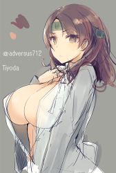 Rule 34 | 10s, 1girl, adversus712, bad id, bad twitter id, breasts, brown eyes, brown hair, character name, chiyoda (kancolle), cleavage, grey background, huge breasts, kantai collection, kunreishiki, large breasts, open clothes, open shirt, romaji text, shirt, shu-cem, sketch, solo, twitter username