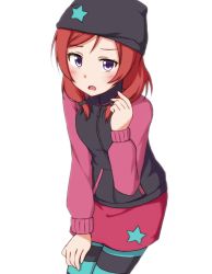 Rule 34 | 10s, 1girl, beanie, blush, cowboy shot, hat, jacket, leaning forward, leggings, love live!, love live! school idol festival, love live! school idol project, mohya, nishikino maki, pantyhose, playing with own hair, purple eyes, red hair, simple background, skirt, solo, standing, striped clothes, striped pantyhose, track jacket, white background