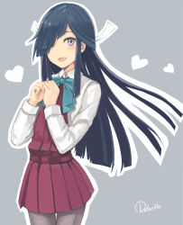 Rule 34 | 10s, 1girl, :d, aqua bow, aqua bowtie, artist name, bad id, bad pixiv id, black hair, blush, bow, bowtie, collared shirt, commentary request, cowboy shot, dress, flat chest, grey background, grey pantyhose, hair over one eye, hair ribbon, hayashimo (kancolle), heart, highres, kantai collection, long hair, long sleeves, looking at viewer, open mouth, outline, own hands together, pantyhose, purple dress, purple eyes, retorillo, ribbon, school uniform, shirt, sidelocks, sleeveless, sleeveless dress, smile, solo, standing, very long hair, white outline, white shirt, wing collar