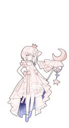 Rule 34 | 1girl, blue eyes, blue footwear, bright pupils, crescent, crown, dress, dress ribbon, flat chest, full body, heterochromia, holding, holding staff, mary janes, moon (usagi nui), original, personification, pink eyes, ribbon, shoes, short hair, simple background, solo, staff, striped ribbon, transparent background, usagi nui, white dress, white footwear, white hair, white pupils