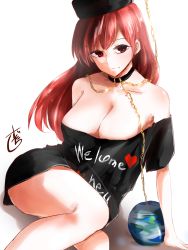Rule 34 | 1girl, bare legs, barefoot, black shirt, breasts, chain, clothes writing, earth (ornament), gold chain, grin, hecatia lapislazuli, highres, kakuteru sudachi, large breasts, moon (ornament), neck ruff, off-shoulder shirt, off shoulder, one-hour drawing challenge, red eyes, red hair, shirt, smile, touhou