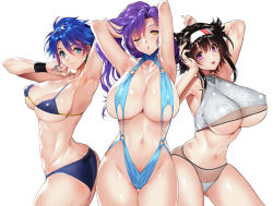 Rule 34 | 3girls, abs, armpits, arms up, ass, bikini, blue eyes, blue hair, breasts, brown hair, butt crack, cleavage, closed mouth, collarbone, commentary, covered erect nipples, earrings, fingernails, gradient hair, hair ornament, hairband, halterneck, highleg, highleg swimsuit, huge breasts, jewelry, large breasts, long hair, looking at viewer, multicolored hair, multiple girls, nail polish, navel, o-ring, o-ring swimsuit, one eye closed, open mouth, original, purple eyes, purple hair, shiny clothes, shiny skin, short hair, simple background, smile, stomach, summer, swimsuit, tamiya akito, thighs, tongue, tongue out, underboob, white background, wristband, yellow eyes