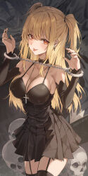 Rule 34 | 1girl, 2gong (9ujin ), absurdres, amane misa, bare shoulders, black choker, black dress, black garter straps, black nails, black sleeves, black thighhighs, blonde hair, breasts, choker, cleavage, collarbone, cowboy shot, cross, cross earrings, cross necklace, cuffs, death note, death note (object), detached sleeves, dress, earrings, garter straps, handcuffs, hands up, highres, jewelry, large breasts, long hair, long sleeves, looking at viewer, nail polish, necklace, pleated dress, red eyes, rem (death note), sleeveless, sleeveless dress, smile, solo, spaghetti strap, thighhighs, thighs, tongue, tongue out, two side up, zettai ryouiki