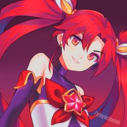 Rule 34 | 1girl, absurdres, bare shoulders, blush, elbow gloves, gloves, gradient background, grin, hand on own hip, highres, jinx (league of legends), league of legends, long hair, magical girl, navel, nose blush, red eyes, red hair, red theme, smile, smirk, solo, star (symbol), star guardian (league of legends), star guardian jinx, turtleneck, twintails, upper body, v-shaped eyebrows, yaya chan