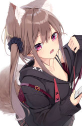 Rule 34 | 1girl, absurdres, animal ear fluff, animal ears, black bra, black hoodie, black scrunchie, black skirt, blush, bra, brown hair, cellphone, collarbone, commentary request, drawstring, hair between eyes, hair ornament, hair scrunchie, hand up, highres, holding, holding phone, hood, hood down, hoodie, long hair, long sleeves, looking at viewer, mayogii, open mouth, original, phone, plaid, plaid skirt, pleated skirt, red eyes, scrunchie, side ponytail, simple background, skirt, sleeves past wrists, solo, tail, underwear, white background