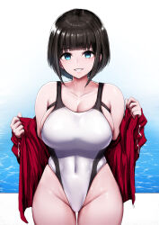 Rule 34 | 1girl, bare shoulders, black hair, blue eyes, blush, breasts, cleavage, competition swimsuit, covered navel, highleg, highleg swimsuit, highres, ishimiso (ishimura), large breasts, leotard, looking at viewer, one-piece swimsuit, original, short hair, simple background, skin tight, smile, solo, swimsuit, thighs, thong leotard, white one-piece swimsuit