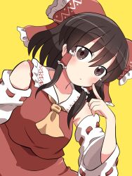 Rule 34 | 1girl, ascot, bare shoulders, black hair, blush, bow, brown eyes, closed mouth, detached sleeves, hair between eyes, hair bow, hair tubes, hakurei reimu, highres, japanese clothes, long hair, looking at viewer, nontraditional miko, red bow, revision, ribbon-trimmed sleeves, ribbon trim, rokugou daisuke, sidelocks, signature, simple background, solo, touhou, upper body, white sleeves, wide sleeves, yellow ascot, yellow background