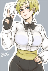 Rule 34 | 1girl, bad id, bad pixiv id, blonde hair, blue eyes, bow, bowtie, breasts, earrings, fingerless gloves, gloves, hand on own hip, handkerchief, huge breasts, jewelry, king (snk), large breasts, majoccoid, ryuuko no ken, sash, see-through, shirt, short hair, smile, solo, the king of fighters