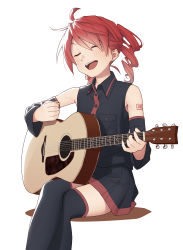 Rule 34 | 1girl, acoustic guitar, ahoge, armpit crease, bare shoulders, black shirt, black skirt, black sleeves, black thighhighs, commentary, crossed legs, detached sleeves, drill hair, english commentary, closed eyes, feet out of frame, guitar, highres, holding, holding plectrum, instrument, kasane teto, light blush, miniskirt, music, open mouth, playing instrument, pleated skirt, plectrum, red hair, shirt, short hair, shoulder tattoo, sitting, skirt, sleeveless, sleeveless shirt, smile, solo, tattoo, thighhighs, twin drills, utau, white background, yasutange