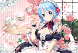 Rule 34 | 1girl, apron, blue eyes, blue hair, breasts, cleavage, cleavage cutout, clothing cutout, cup, day, dress, flower, hair ribbon, hand up, indoors, large breasts, looking at viewer, maid, maid headdress, maid no yuki-san, mimikaki, mochiko (mochiko3121), official art, original, petals, red ribbon, ribbon, short hair, short sleeves, smile, solo, striped, tea, teacup, teapot, tray, vertical stripes, white apron, window, wrist cuffs