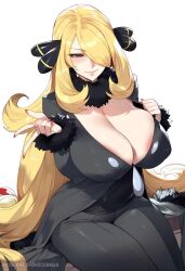 Rule 34 | 1girl, areola slip, artist name, black collar, black pants, blonde hair, breasts, cleavage, closed mouth, coat, collar, creatures (company), cynthia (pokemon), female focus, fur-trimmed coat, fur collar, fur trim, game freak, hair ornament, hair over one eye, highres, huge breasts, large breasts, long hair, long sleeves, mistarman, nintendo, pants, patreon username, pokemon, pokemon dppt, red nails, sidelocks, sitting, smile, solo, white background