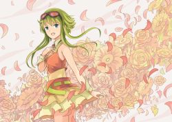 Rule 34 | 1girl, :d, bare arms, bare shoulders, belt, choker, cowboy shot, fingernails, flower, frilled skirt, frills, goggles, goggles on head, green eyes, green hair, gumi, hand on own chest, happy, looking at viewer, open mouth, orange flower, outstretched arm, petals, pink background, pink flower, pink rose, red-tinted eyewear, rose, shaded face, shirt, short hair, short hair with long locks, simple background, skirt, sleeveless, sleeveless shirt, smile, solo, suya000, thighs, tinted eyewear, upper body, vocaloid, wrist cuffs, yellow flower